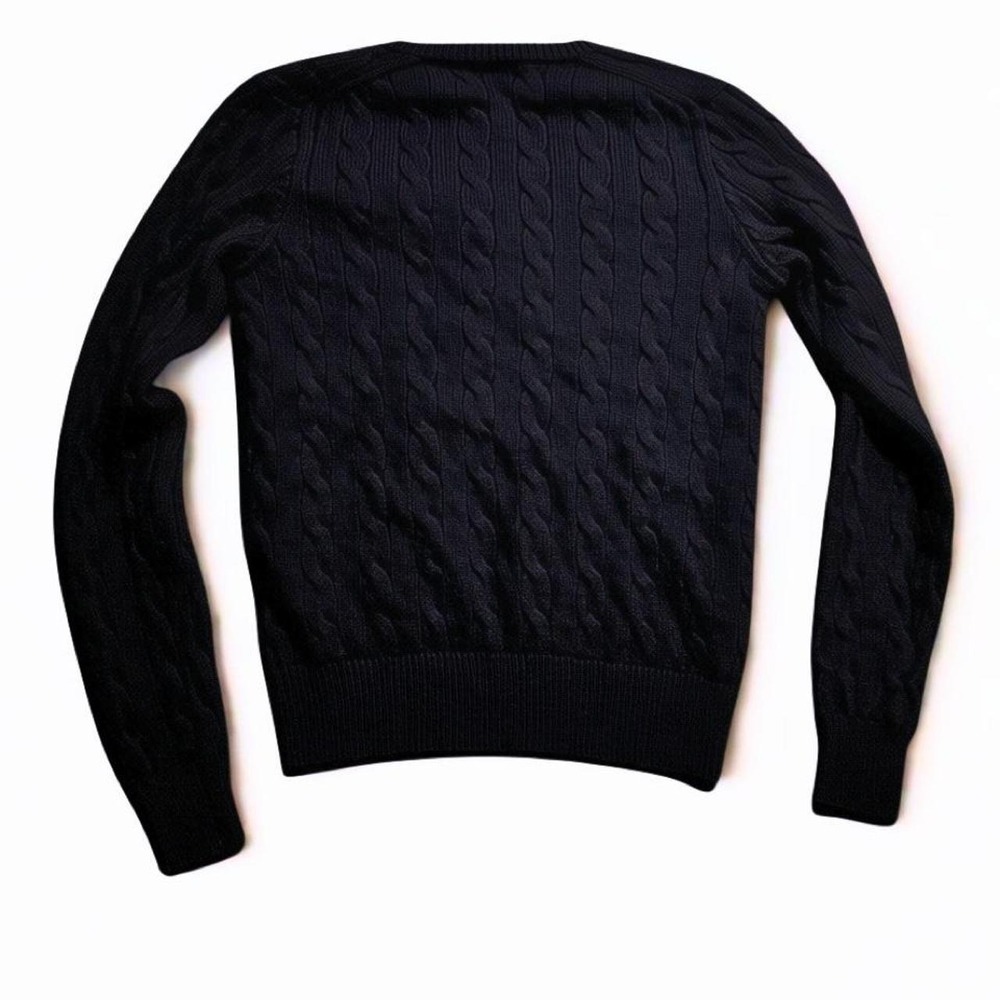 Polo Ralph Lauren Black Cable Knit Wool Cashmere V-Neck Sweater - Picture 2 of 8